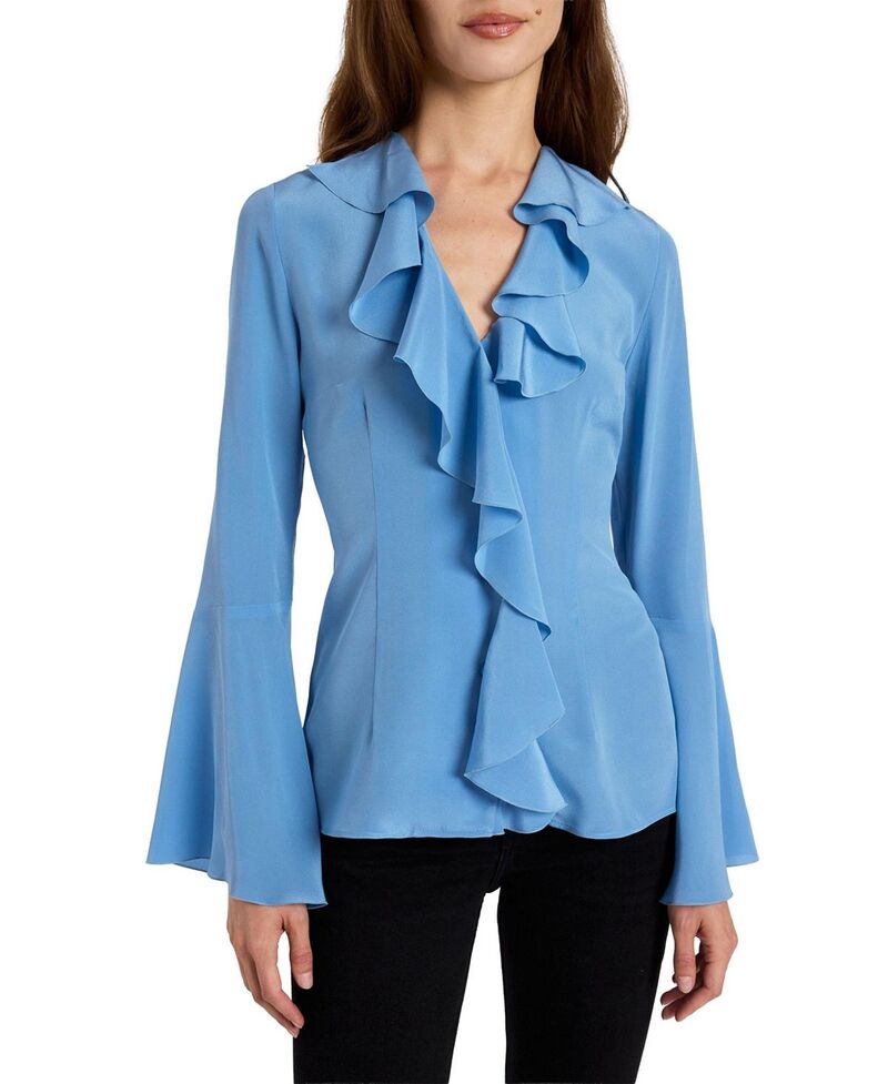 サントレッリ レディース トップス シャツ フリル シルク ブラウス Santorelli Sydney Silk Long Sleeve Ruffle Blouse Blue Aura ブルー｜ReVida 店