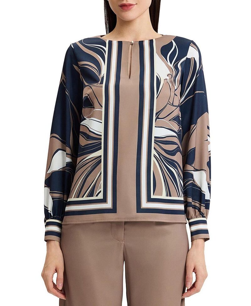 ミンウォン レディース トップス シャツ クレープ フラワー柄 ブラウス フラワー Ming Wang Floral Abstract Crepe de Chine Blouse Warm Taupe Indigo Ivory アイボリー|ReVida 店