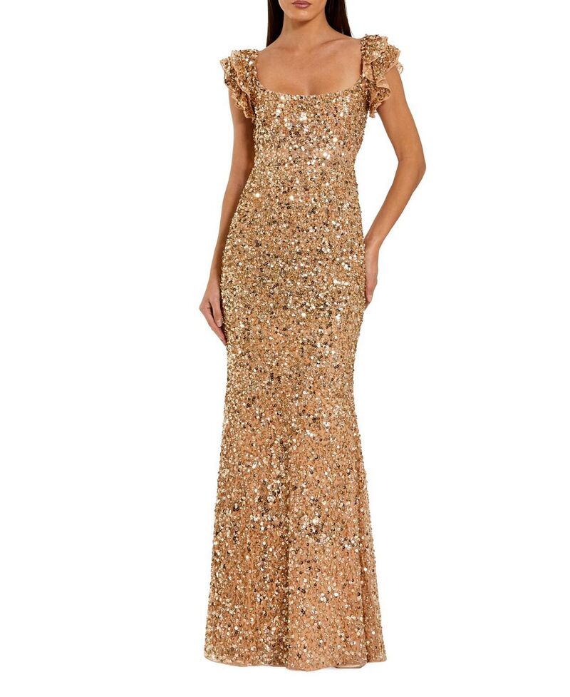 マックダガル レディース トップス ワンピース フリル メッシュ スパンコール Mac Duggal Sequin Mesh Ruffle Sleeve Trumpet Eveningown Gold Nude ゴールド|ReVida 店