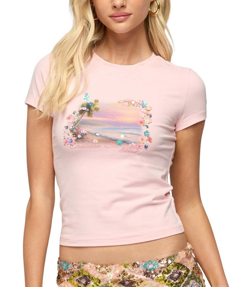 アディクテッド レディース トップス シャツ スパンコール Edikted Beach Babe Sequin T Shirt Pink ピンク｜ReVida 店