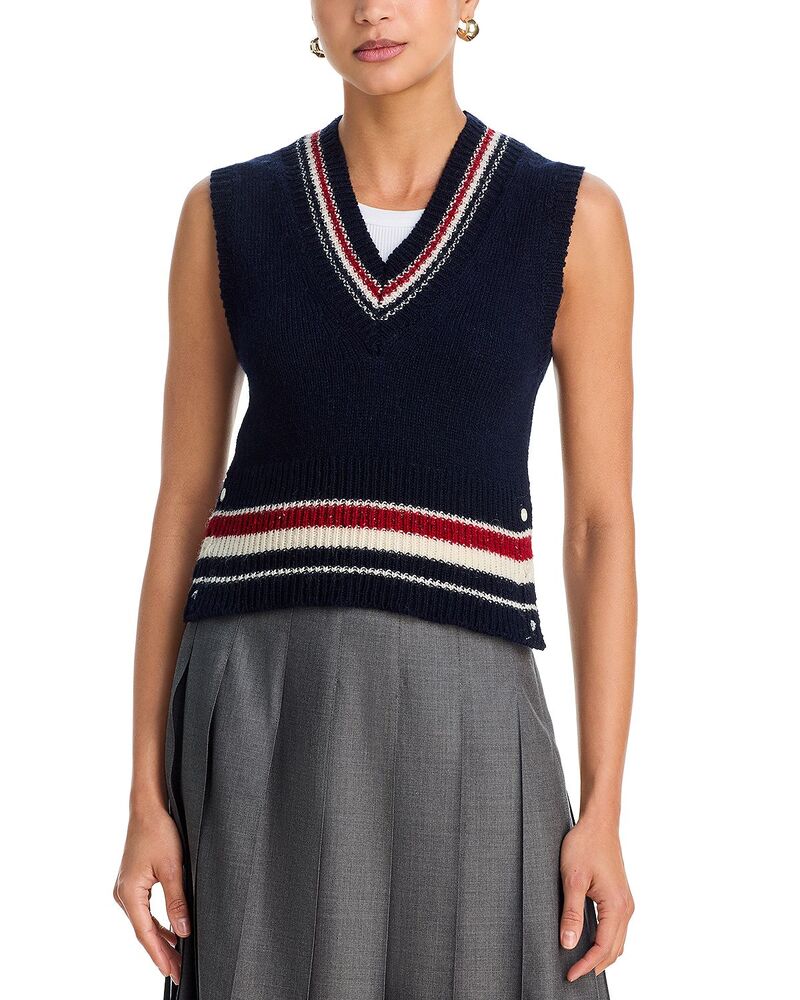 トムブラウン レディース アウター ニット・セーター ウール ノースリーブ Thom Browne Wool Blend Sleevelessweater Navy ネイビー|ReVida 店