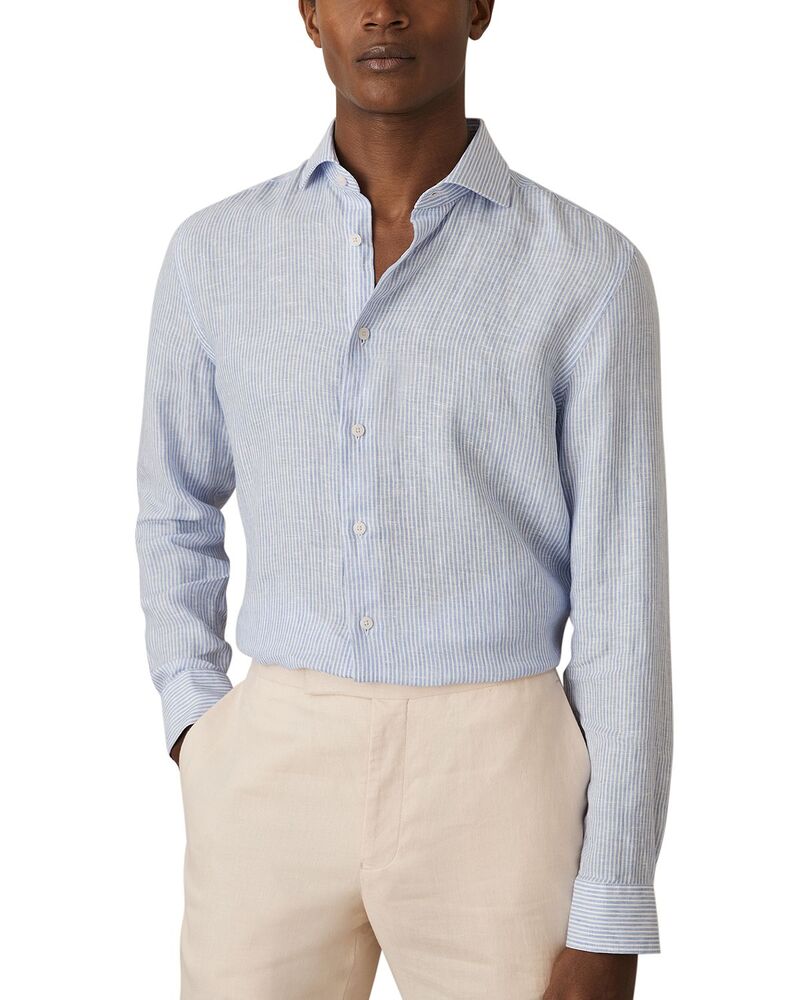 レイス メンズ トップス シャツ リネン REISS Ruban Long Sleeve Linen Shirt Soft Blue/White ホワイト|ReVida 店