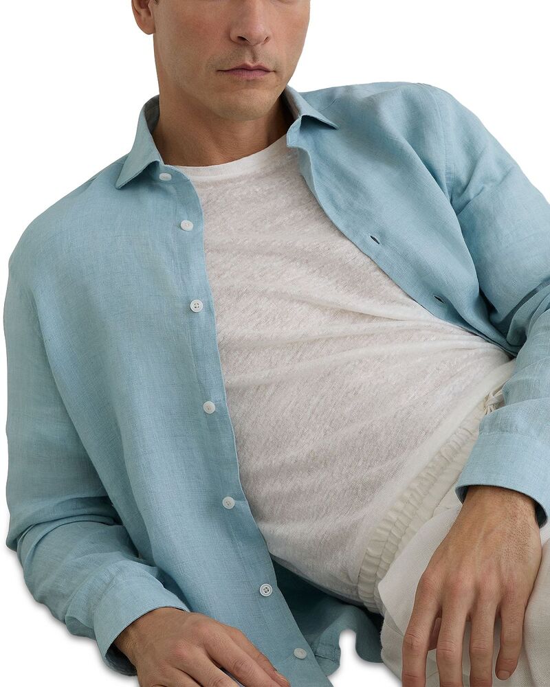 レイス メンズ トップス シャツ リネン REISS Ruban Long Sleeve Linen Shirt Ultra Marine Green グリーン|ReVida 店