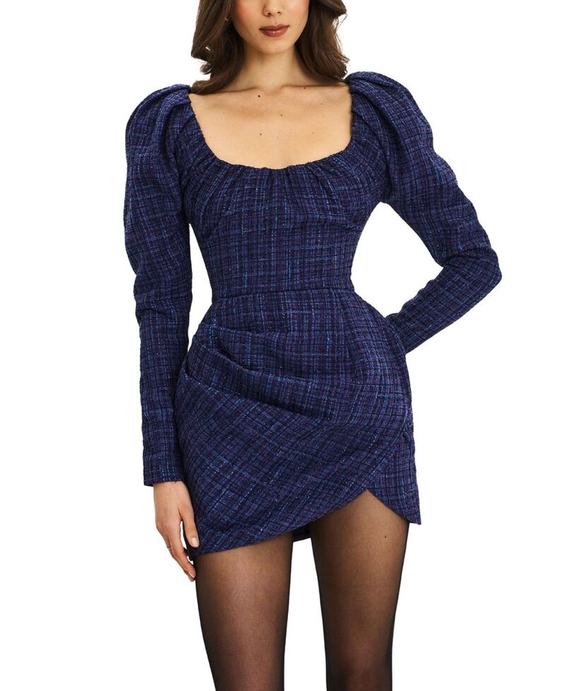 ミスサークル レディース トップス ワンピース ギャザー ミニ ツイード Miss Circle Denise Tweed Ruched Puff Sleeve Mini Dress Navy ネイビー|ReVida 店