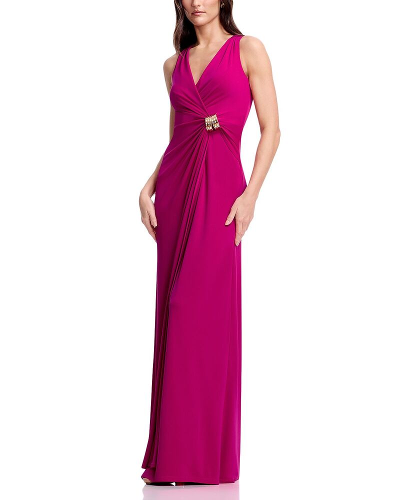 ドレスザポプレーション レディース トップス ワンピース A ライン プリーツ マキシ Dress the Population Deb Deep V Pleated Wrap A Line Maxi Dress Dark Fuchsia フューシャ|ReVida 店