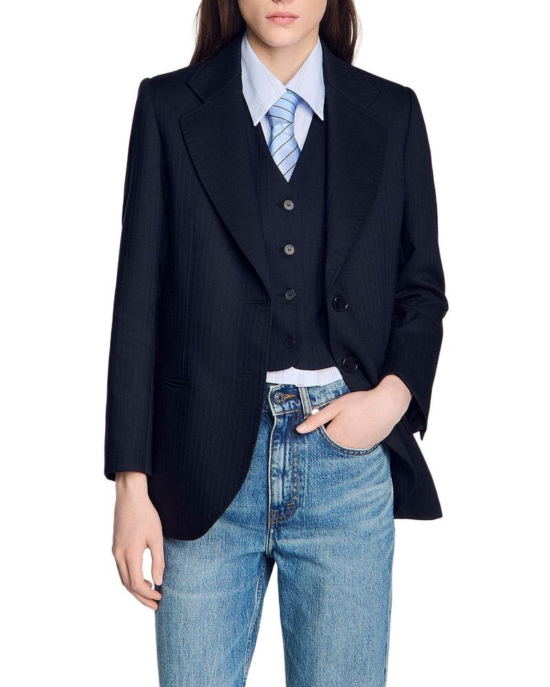 サンドロ レディース アウター ジャケット・ブルゾン ウール Sandro Striped Wool Blend Suit Jacket Navy Blue ネイビー｜ReVida 店 193,800円