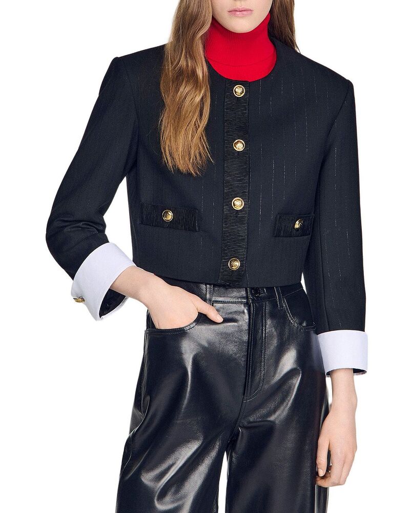 サンドロ レディース アウター ジャケット・ブルゾン クロップド Sandro Cropped Stripe Jacket Black ブラック｜ReVida 店 193,800円