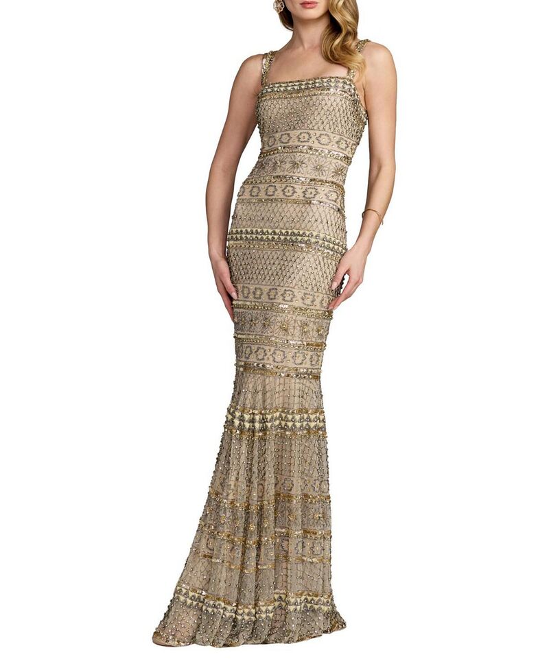 マックダガル レディース トップス ワンピース ノースリーブ Mac Duggal Sleevelessquare Neck Beaded Gownude Gold ゴールド｜ReVida 店