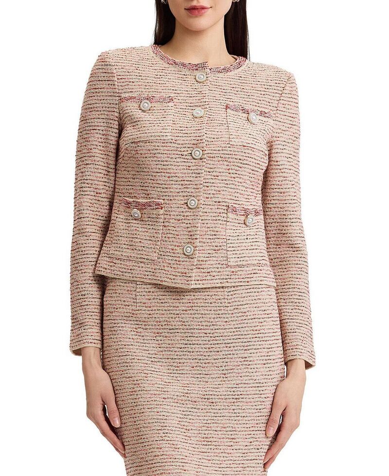ミソック レディース アウター ジャケット・ブルゾン ツイード ニット Misook Heritage Ribbon Tweed Knit Jacket HoneysuckleRussetBiscotti Black｜ReVida 店