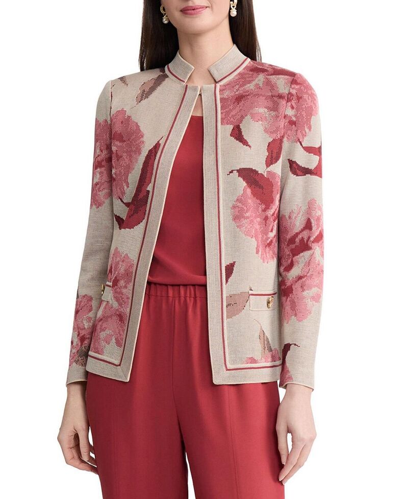 ミソック レディース アウター ジャケット・ブルゾン フラワー柄 ニット フラワー Misook Heritage Floral Jacquard Flat Knit Jacket HoneysuckleRussetBiscotti Black｜ReVida 店