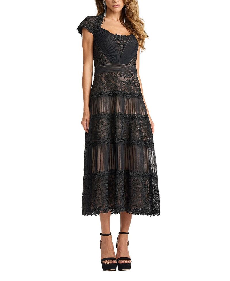 タダシショージ レディース トップス ワンピース レース Tadashi Shoji Boette Lace Tea-Length Dress Black/Nude ブラック|ReVida 店