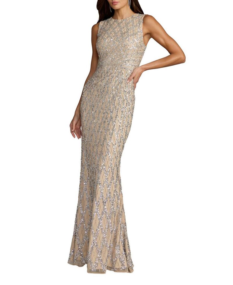 マックダガル レディース トップス ワンピース ハイネック ノースリーブ Mac Duggal Sleeveless Ombre Beaded High Neck Column Gownude Ombre｜ReVida 店