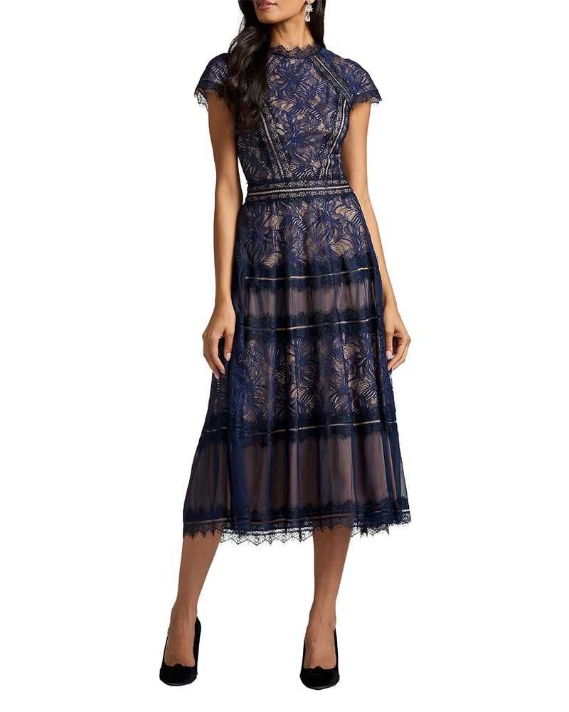タダシショージ レディース トップス ワンピース ミディ レース Tadashi Shoji Ahern Orchid Lace Midi Dress Royal Navy/Nude ネイビー｜ReVida 店