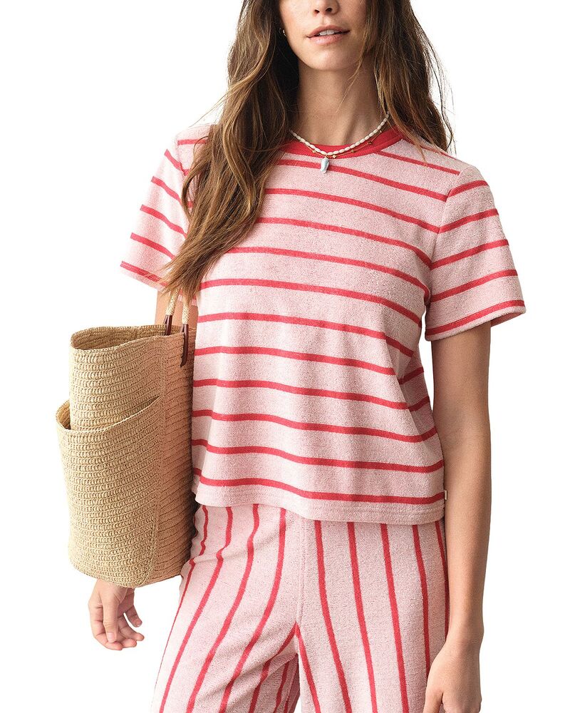マリーン レイヤー レディース トップス Tシャツ クルーネック パイル Marine Layer Beach Terry Crewneck Tee Red & White Stripe ホワイト｜ReVida 店