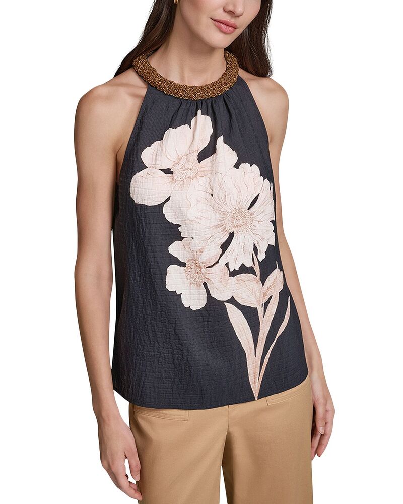 カール ラガーフェルド レディース トップス シャツ フラワー柄 プリント フラワー KARLAGERFELD PARIS Embellished Neck Floral Printop Midnight/ Navy ネイビー|ReVida 店