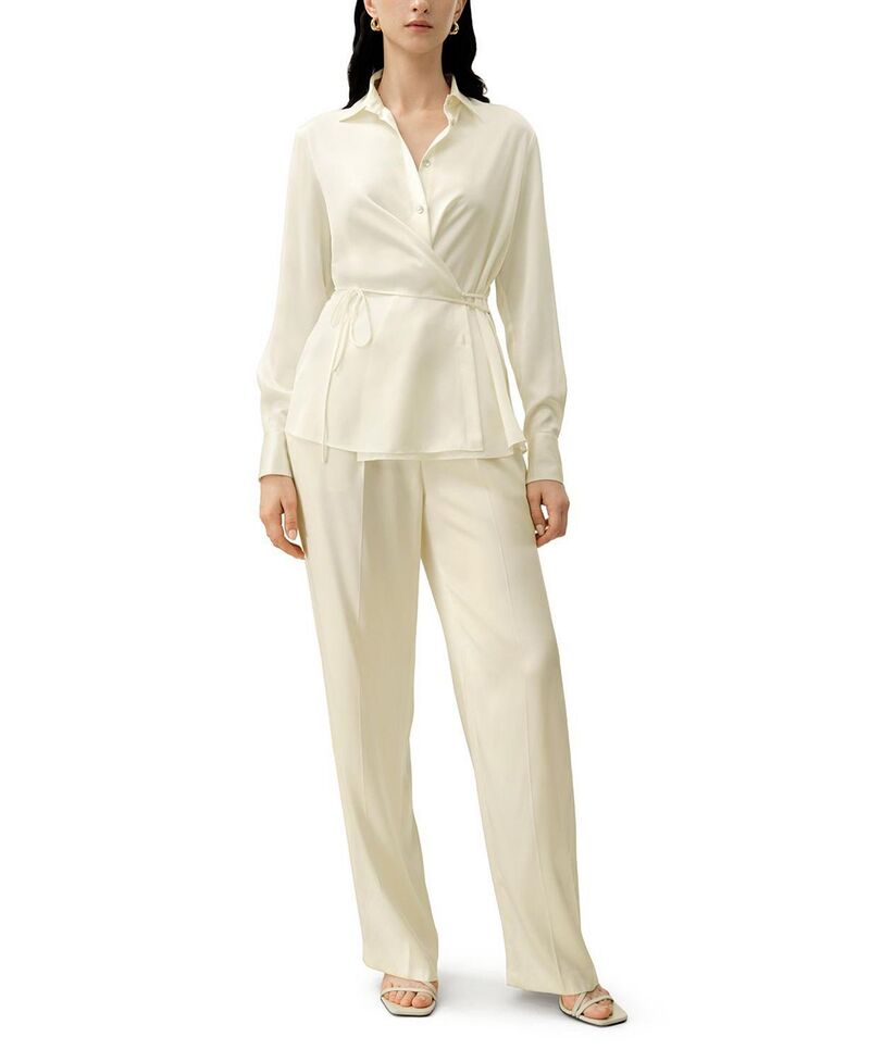 リリーシルク レディース トップス シャツ LILYSILK Women's Convertible Silk Charmeuse Shirt Lily White ホワイト|ReVida 店