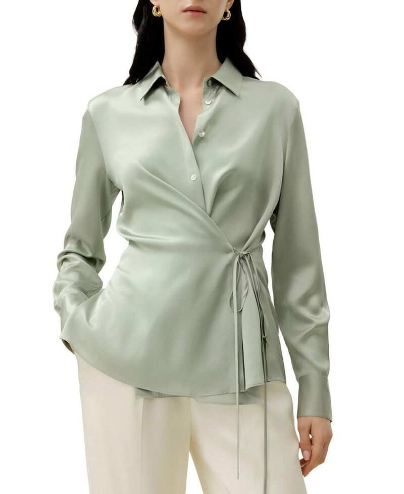 リリーシルク レディース トップス シャツ LILYSILK Women's Convertible Silk Charmeuse Shirt Pale Turquoise ターコイズ｜ReVida 店
