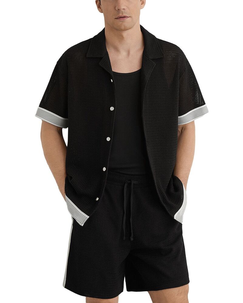 レイス メンズ トップス シャツ REISS Aliso Short Sleeve Crochetape Cuban Shirt Black ブラック｜ReVida 店