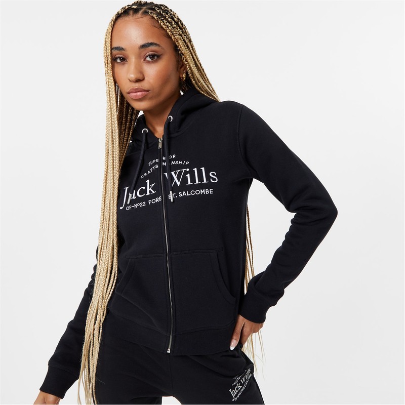ジャック ウィルス レディース アウター パーカー・スウェット ロゴ パーカー Jack Wills Hunston Logo Zip Hoodie Black ブラック