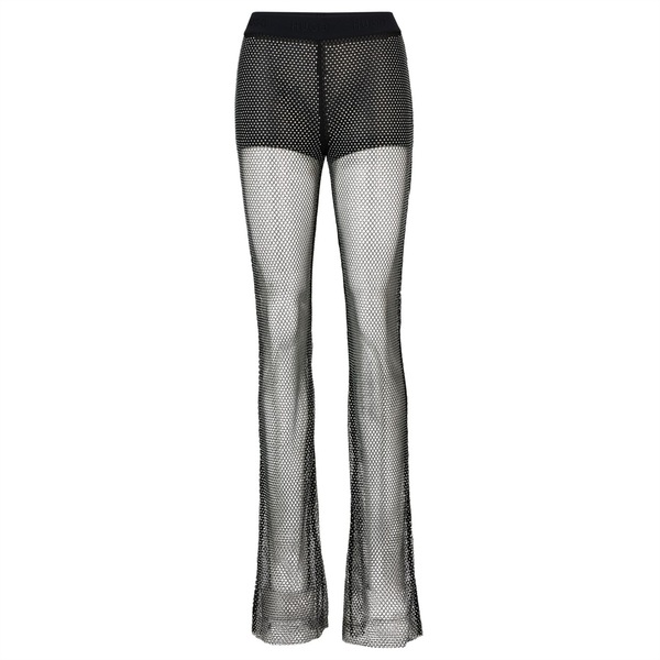 フューゴ レディース ボトムス 心地好いズボン下 メッシュ ズボン下 HUGO X Bella Poarch Slim-Fit Glitter-Mesh Trousers Black 黒いこと レディースファッション-ボトムス-パンツ