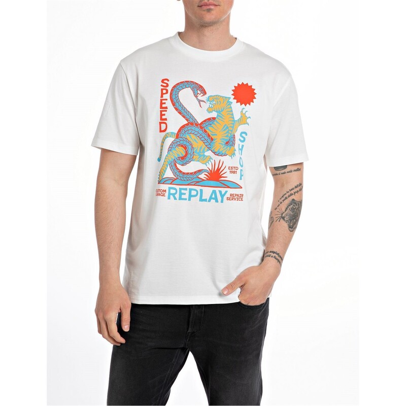 リプレイ メンズ トップス シャツ Replay Tiger Snake T Sn42 Nat White 011 ホワイト