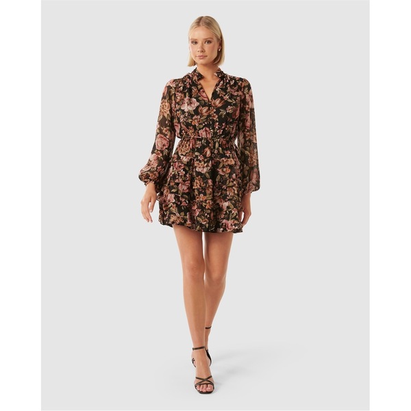 フォーエバーニュー レディース トップス ワンピース ミニワンピース フリル ミニ Forever New Lowrie Ruffle Mini Dress Black Delphi Floral ブラック｜ReVida 店