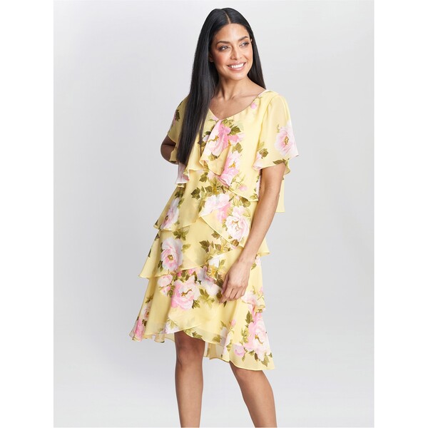 ジーナバッコーニ レディース トップス ワンピース Vネック ティアード プリント Gina Bacconi Edith Printed V Neck Tiered Dress YELLOW イエロー