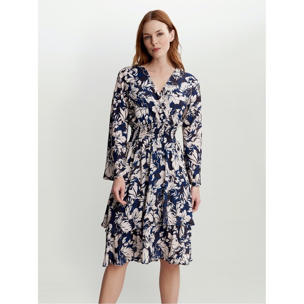 ジーナバッコーニ レディース トップス ワンピース Vネック Gina Bacconi ALARICE V NECK ROUCHED WAIST DRESS NAVY ネイビー｜ReVida 店