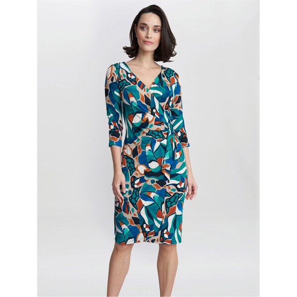 ジーナバッコーニ レディース トップス ワンピース プリント フリル ジャージー Gina Bacconi Beatrix Printed Jersey Ruffle Dress TURQUOISE / BEIGE ターコイズ｜ReVida 店