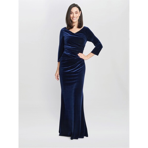 ジーナバッコーニ レディース トップス ワンピース マキシワンピース ベルベット マキシ Gina Bacconi Sophie Velvet Maxi Dress With three quarterSleeve NAVY ネイビー|ReVida 店