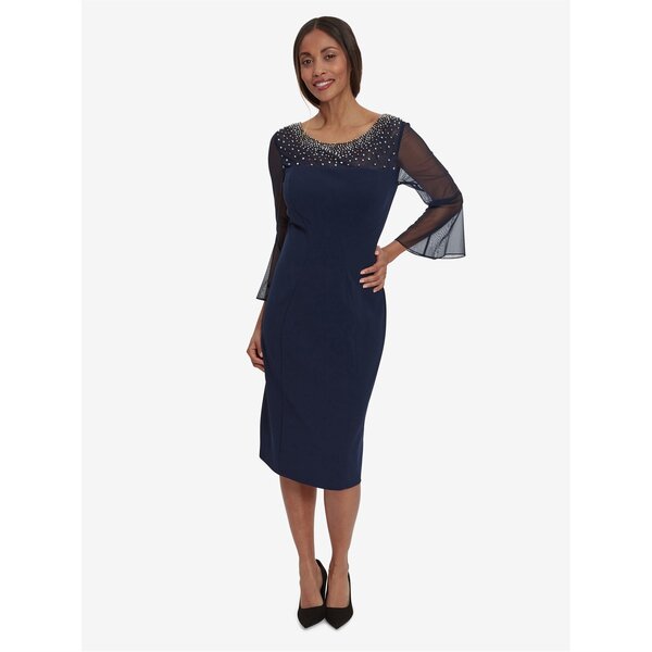 ジーナバッコーニ レディース トップス ワンピース Gina Bacconi Maurine Beaded Neckline Sheath Dress NAVY / SILVER ネイビー｜ReVida 店