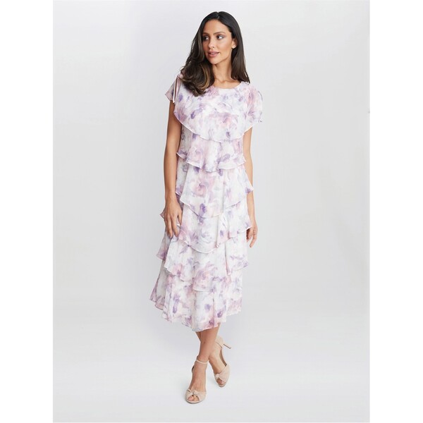 ジーナバッコーニ レディース トップス ワンピース ティアード プリント ミディ Gina Bacconi Phoebe Midi Printed Tiered Dress MAUVE｜ReVida 店