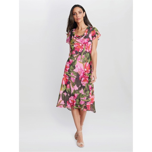 ジーナバッコーニ レディース トップス ワンピース プリント ミディ Gina Bacconi Ophelia Midi Printed Cowl Neck Dress PINK ピンク