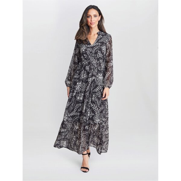 ジーナバッコーニ レディース トップス ワンピース プリント Gina Bacconi Iona Print Stand Collar Dress BLACK / CREAM クリーム
