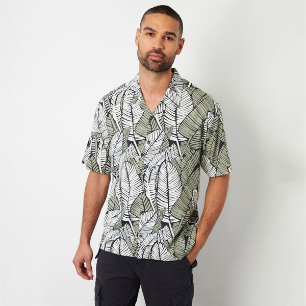 スリードベア メンズ トップス シャツ プリント Threadbare 'Retro' Tropical Leaf Print Revere Collar Short Sl Black ブラック