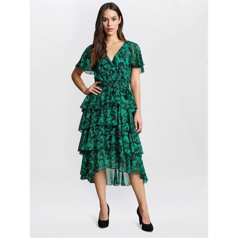ジーナバッコーニ レディース トップス ワンピース ティアード Gina Bacconi Lottie Elastic Waist Tiered Dress GREEN / BLACK ブラック|ReVida 店