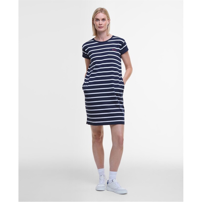 バブアー レディース トップス ワンピース ミディワンピース ミディ Barbour Otterburn Striped Midi Dress Navy ネイビー｜ReVida 店
