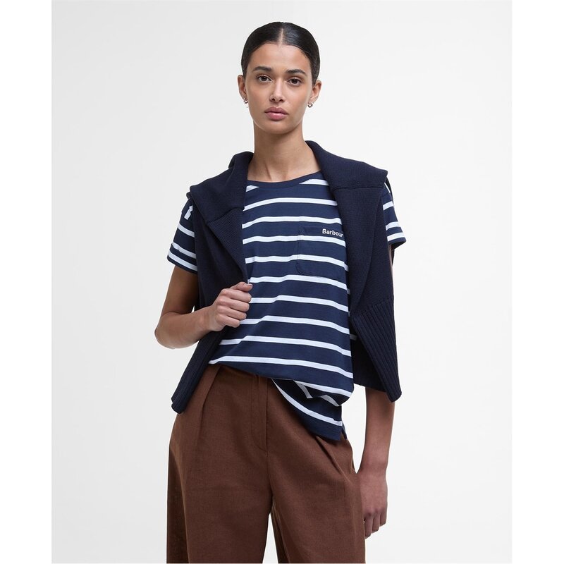 バブアー レディース トップス シャツ Tシャツ Barbour Otterburn Stripe T-Shirt Navy/White ホワイト｜ReVida 店