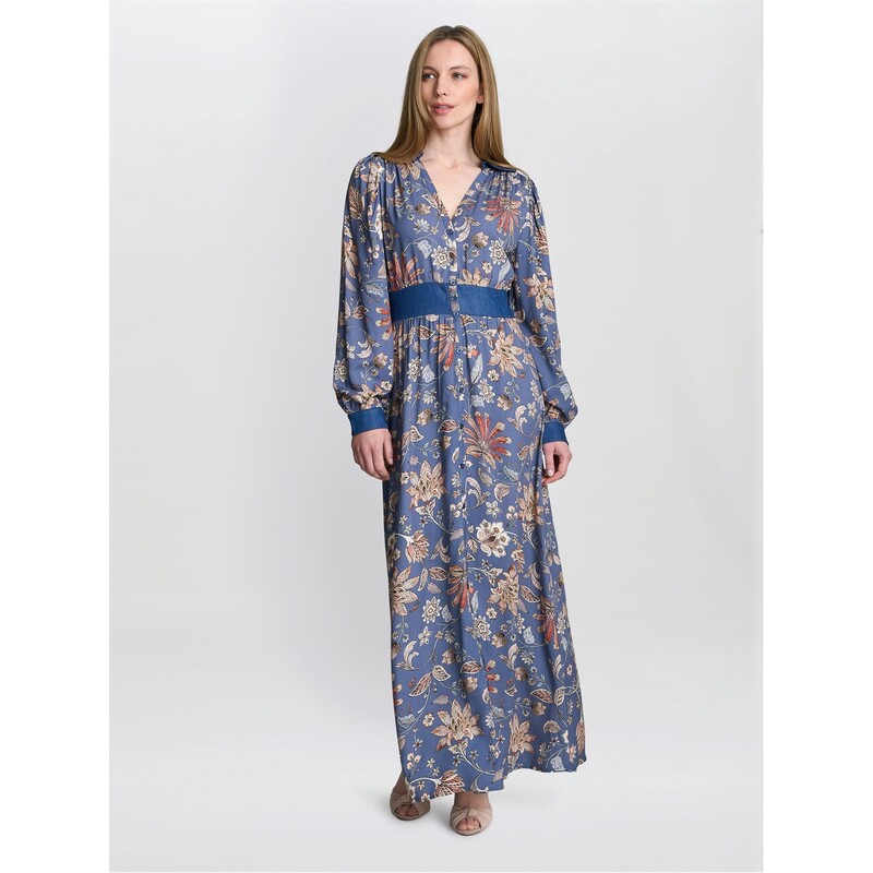 ジーナバッコーニ レディース トップス 衣装 Gina Bacconi Regina Waisted Chambray Detail Dress BLUE 青色 ワンピース-レディースファッション