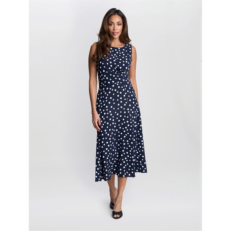 ジーナバッコーニ レディース トップス ワンピース Gina Bacconi Lacinda Spot Dress NAVY WHITE ホワイト