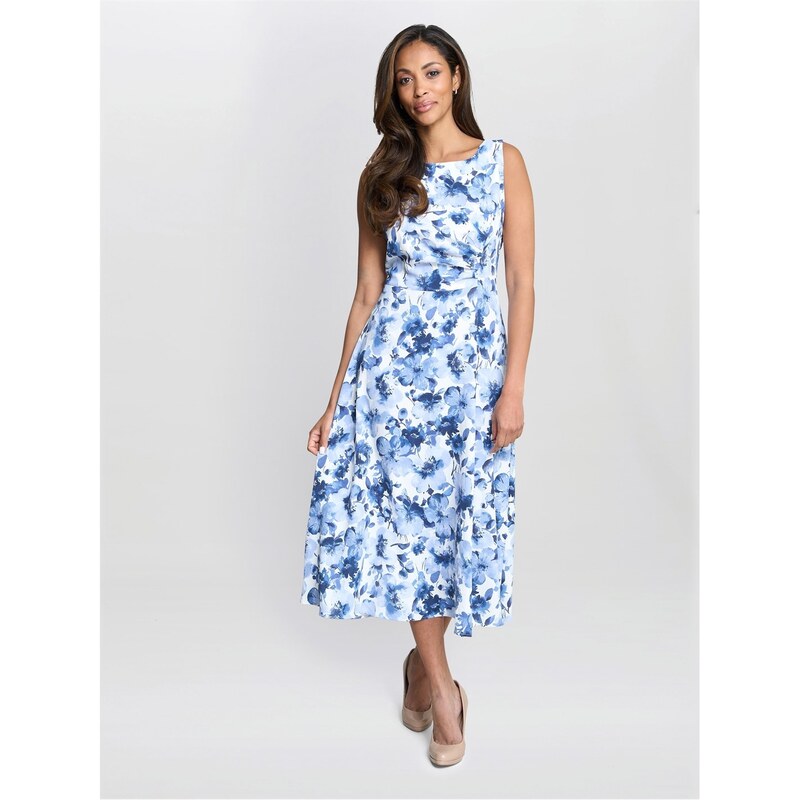 ジーナバッコーニ レディース トップス ワンピース ミディワンピース フラワー柄 プリント ミディ フラワー Gina Bacconi Emmy Floral Print Midi Dress BLUE ブルー