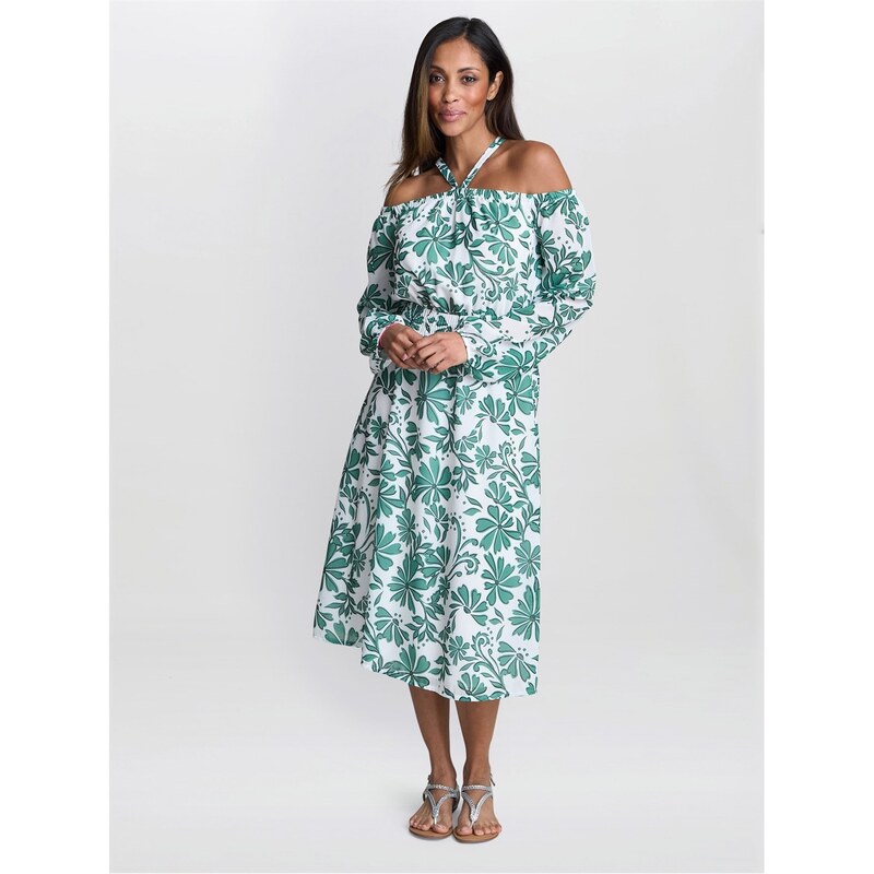 ジーナバッコーニ レディース トップス ワンピース ミディワンピース ミディ Gina Bacconi RYAN Off Shoulder Midi Dress GREEN BEIGE グリーン