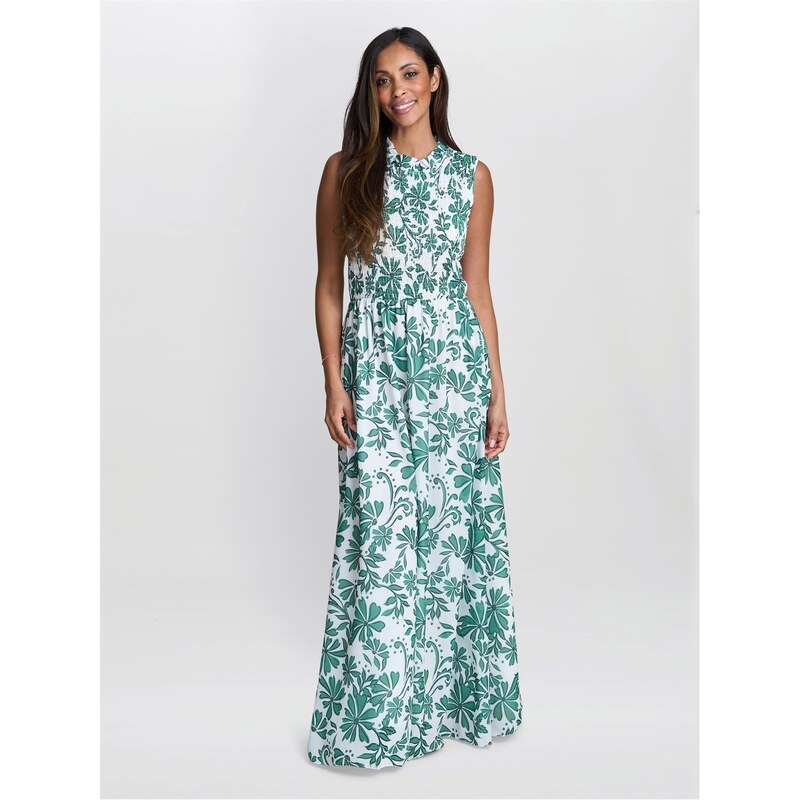 ジーナバッコーニ レディース トップス ワンピース ノースリーブ Gina Bacconi ROXANNA Sleeveless Shired Top Dress BEIGE GREEN グリーン|ReVida 店