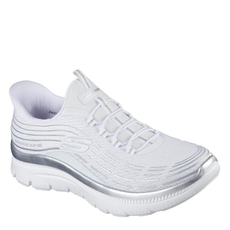 スケッチャーズ レディース シューズ スニーカー 刷り上げる メッシュ Skechers Mesh Bungee Glitter 3d Print Integr Slip On Trainers Womens White/Silver 白いこと
