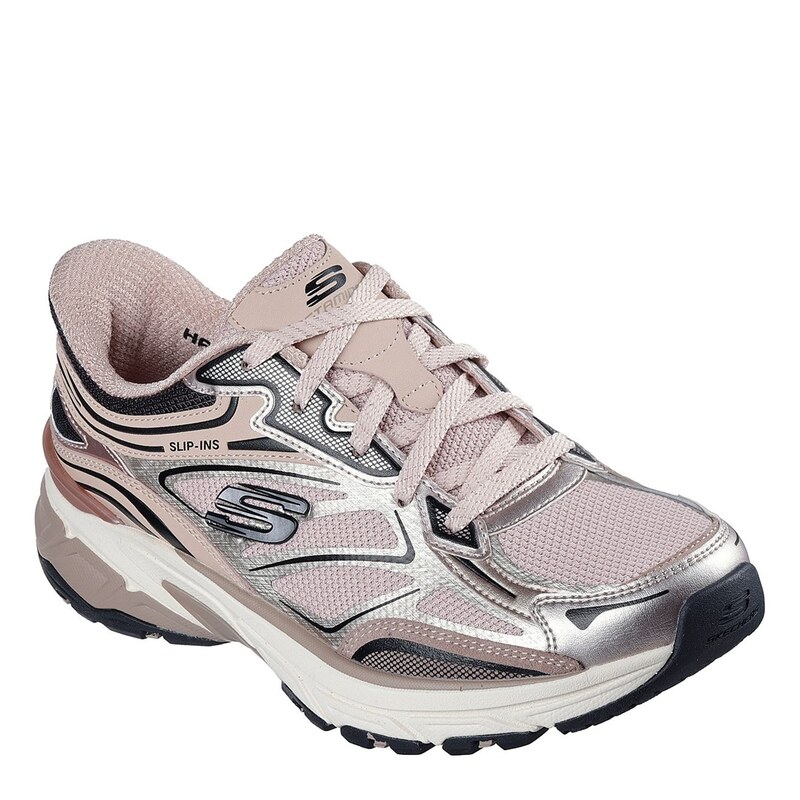 スケッチャーズ レディース シューズ スニーカー メッシュ オーバーレイ トール レース Skechers Metallic Overlay Mesh Lace-Up Slip- Slip On Trainers Womens Rose メタリック