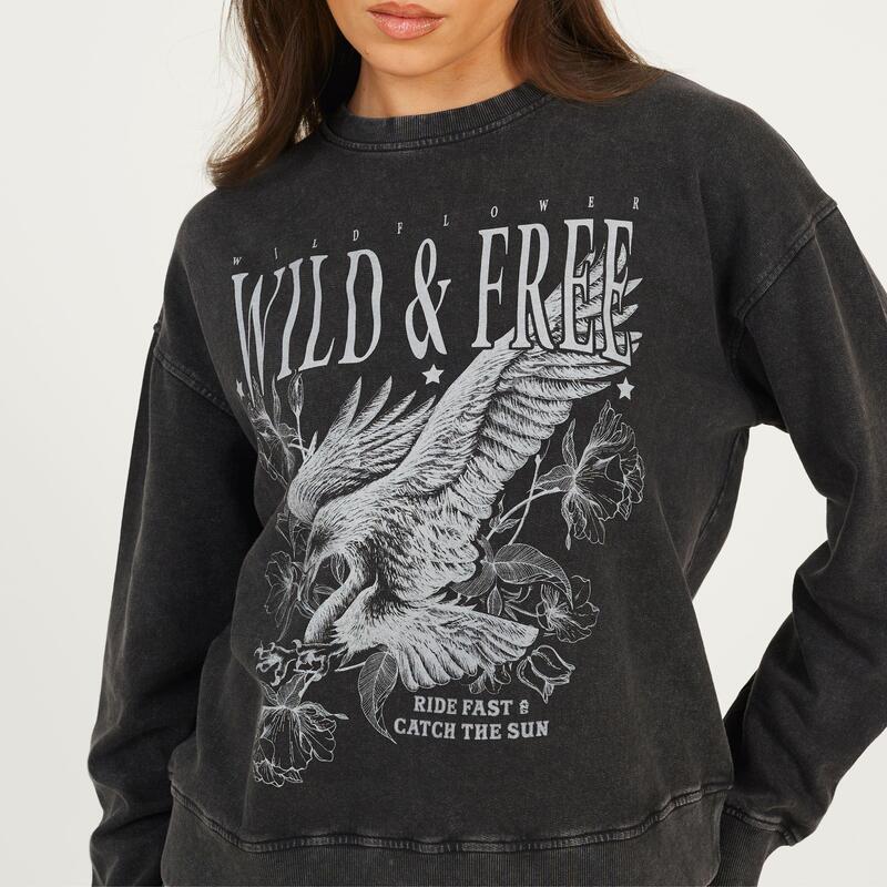 ブレーブソウル レディース アウター パーカー・スウェット クルーネック スウェット シャツ グラフィック Brave Soul Womens Crew Neck Graphic Sweatshirt Black Acid Wash ブラック