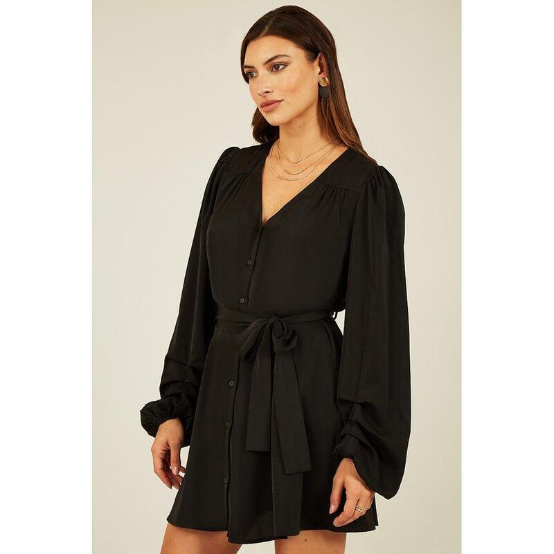 メラロンドン レディース トップス ワンピース バルーンスリーブ シャツ Mela London Women's Green Balloon Sleeve Shirt Dress Black ブラック