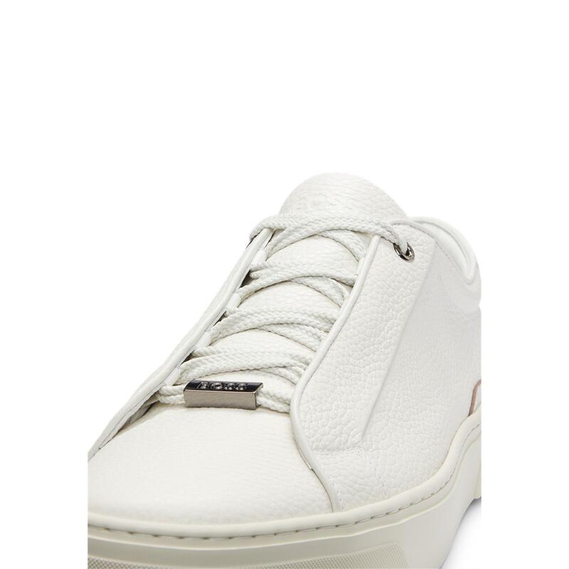 主任者 メンズ シューズ スニーカー なめし革 Boss Men\u0027s Grained Leather Construction Trainers White 001 白いこと