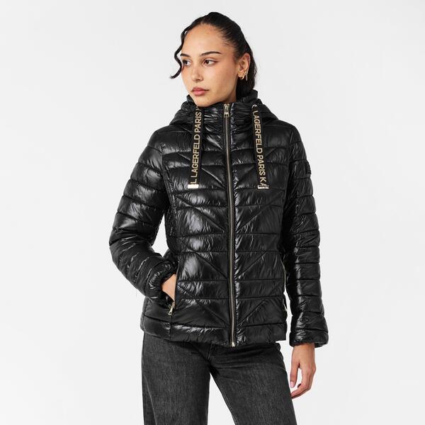 長い巻き毛 ラガーフェルド レディース アウター 上衣・上衣 ロゴタイプ Karlagerfeld Women\u0027s Logo Tape Puff Short Puffer Jacket Black 黒いこと