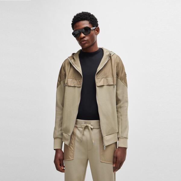 ボス メンズ アウター パーカー・スウェット Tシャツ フリース ジャケット Boss Men'steele Full Zip Fleece Jacket Dark Beige ベージュ